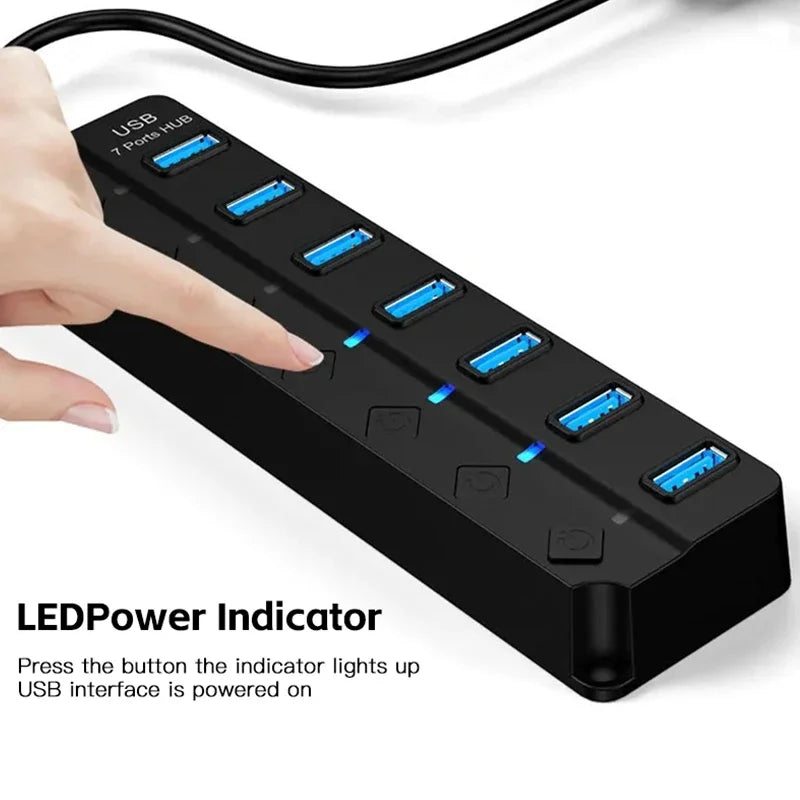 USB3.0 HUB 4in1 7in1USB Splitter 2.0 USB Adapter Multi-Port Independent Power Switch Extender 30CM Cable