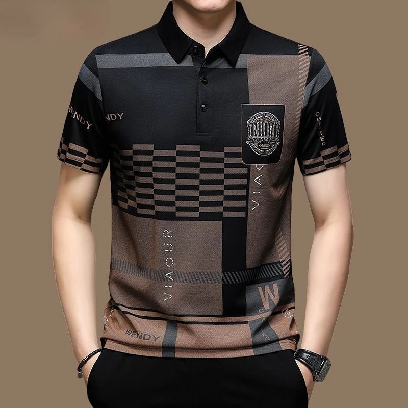 Men's Polo Shirt Business Casual Summer Short Sleeves Tops Pattern Print Button T Shirt Loose Clothes Fashion Polo T Shirt