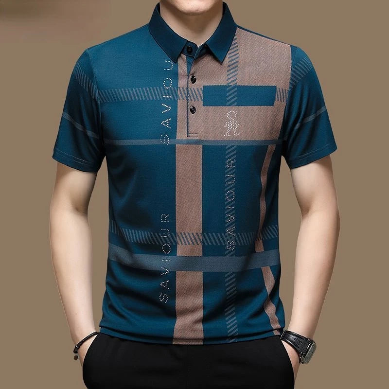 Men's Polo Shirt Business Casual Summer Short Sleeves Tops Pattern Print Button T Shirt Loose Clothes Fashion Polo T Shirt