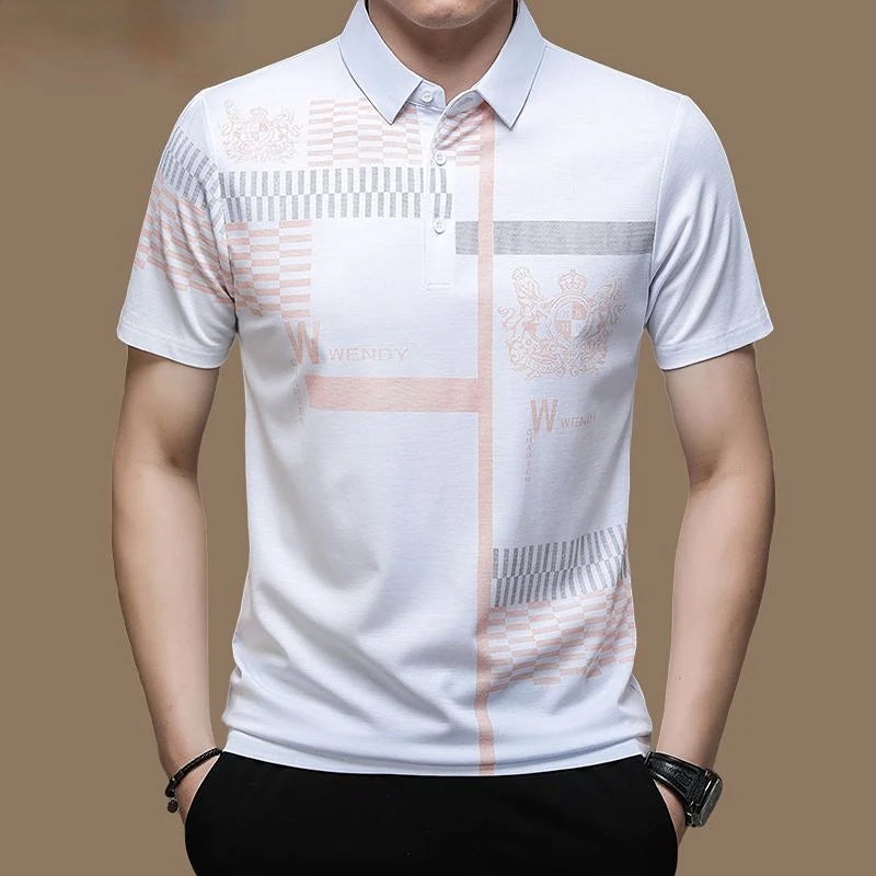 Men's Polo Shirt Business Casual Summer Short Sleeves Tops Pattern Print Button T Shirt Loose Clothes Fashion Polo T Shirt