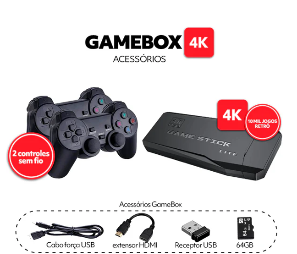 GameBox 4K® 10.000 Jogos Retrô [2 Controle sem Fio]